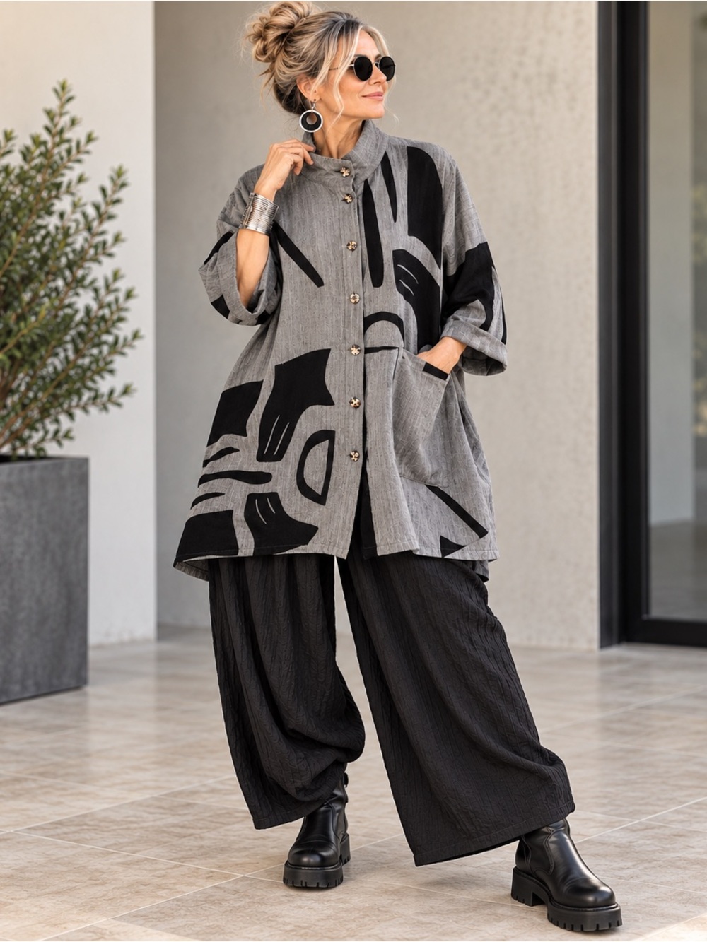 Mao Mam Abstract Art to Wear Lagenlook Oversized Cotton Tunic XL Jacket Boho